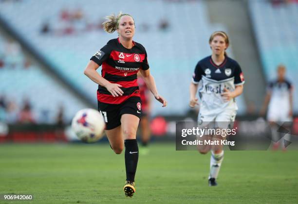 Marlous Pieete of the Wanderers follows the ball during the round 12 W-League match between the Western Sydney Wanderers and the Melbourne Victory at...