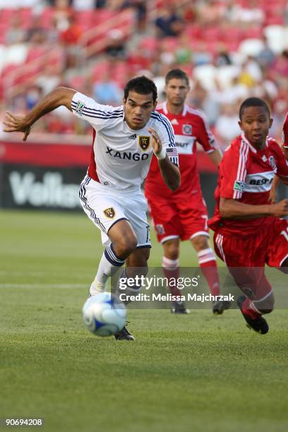 Pablo Campos of Real Salt Lake goes after the ball against the Chicago FIre at Rio Tinto Stadium on September 12, 2009 in Sandy, Utah.