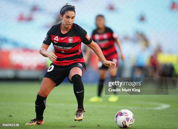 Lee Falkon of the Wanderers controls the ball during the round 12 W-League match between the Western Sydney Wanderers and the Melbourne Victory at...