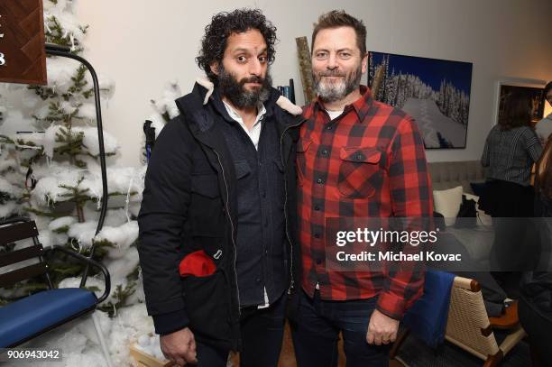 Actors Jason Mantzoukas and Nick Offerman attend the "Hearts Beat Loud" after-party at the Grey Goose Blue Door during Sundance Film Festival on...