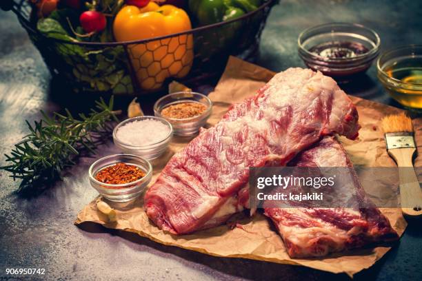 fresh raw pork ribs - butcher paper stock pictures, royalty-free photos & images