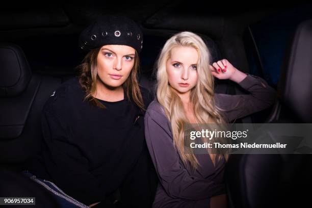 Models Anna Hiltrop and Vanessa Fuchs pose during the Berlin Fashion Week January 2018 at ewerk on January 18, 2018 in Berlin, Germany.