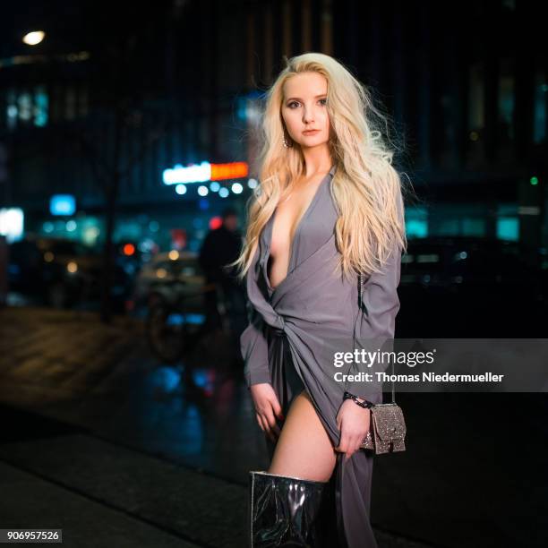 Model Anna Hiltrop wearing a robe of Missguided, shoes of Balenciaga and a Jimmy Choo bag during the Berlin Fashion Week January 2018 at ewerk on...