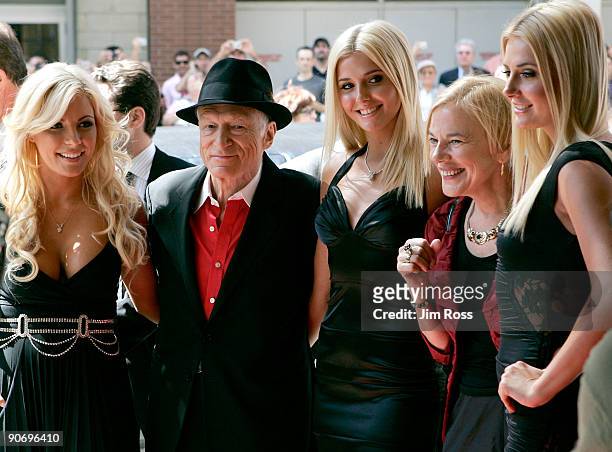 Publisher Hugh Hefner arrives with Playboy Playmates Crystal Harris, Kristina Shannon, Director Brigitte Berman and playmate Karissa Shannon at the...