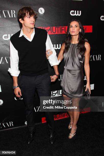 Actors Ashton Kutcher and Demi Moore attendThe CW's "The Beautiful Life: TBL" series premiere at Simyone Lounge on September 12, 2009 in New York...