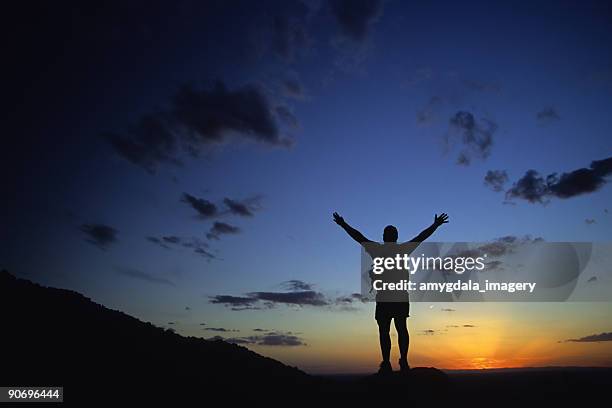silhueta de homem com os braços levantados para pôr do sol paisagem de - pico sandia - fotografias e filmes do acervo