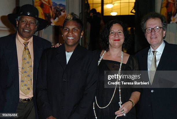 Actor Ernie Dingo, actor Rocky McKenzie, producer Robyn Kershaw and actor Geoffrey Rush attend the "Bran Nue Dae" premiere after party during the...