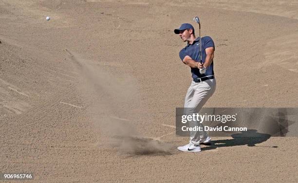 Rory McIlroy of Northern Ireland plays his third shot on the par 5, second hole during the second round of the 2018 Abu Dhabi HSBC Golf Championship...