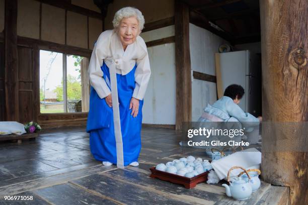 An elder from Andong village poses for a photograph. The Hahoe Folk Village is a traditional village from the Joseon Dynasty. The 'Ha' is short for...