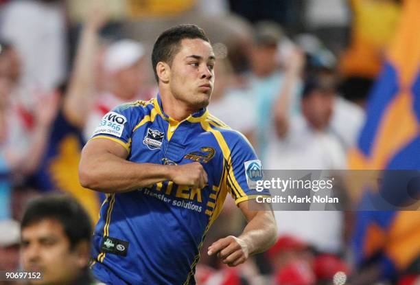 Jarryd Hayne of the Eels celebrates after scoring during the fourth NRL qualifying final match between the St George Illawarra Dragons and the...