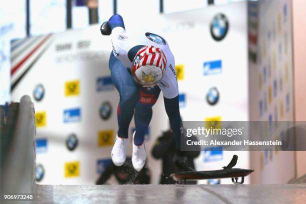 Katie Uhlaender of USA of competes at Deutsche Post Eisarena Koenigssee during the BMW IBSF World Cup Skeleton on January 19, 2018 in Koenigssee,...