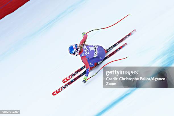 Mikaela Shiffrin of USA in action during the Audi FIS Alpine Ski World Cup Women's Downhill on January 19, 2018 in Cortina d'Ampezzo, Italy.