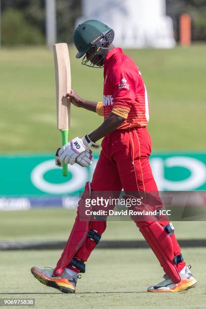 Robert Chimhinya of Zimbabwe looks dejected after being dismissed LBW for 0 by Anukul Roy of India during the ICC U19 Cricket World Cup match between...