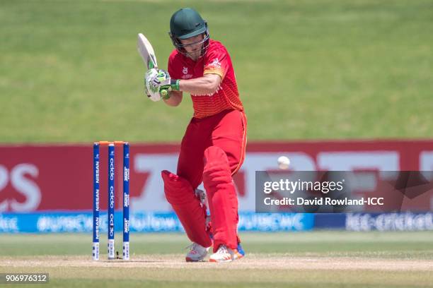 Gregory Dollar of Zimbabwe bats during the ICC U19 Cricket World Cup match between India and Zimbabwe at Bay Oval on January 19, 2018 in Tauranga,...