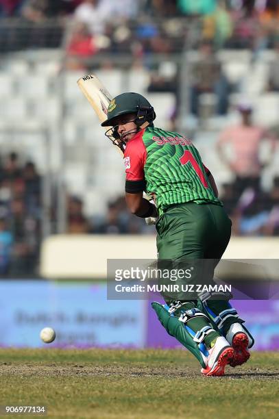 Bangladesh's Sabbir Rahman plays a shot during the third one day international cricket match in the Tri-Nations Series between Bangladesh and Sri...