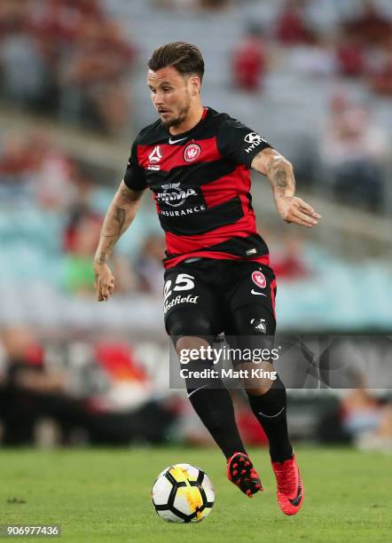 Chris Herd of the Wanderers controls the ball during the round 17 A-League match between the Western Sydney Wanderers and the Melbourne Victory at...