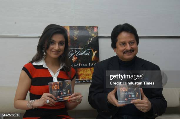 Gazal singer Pankaj Udhas with Divya Khosla, Director of T-Series poses for media during the release of his new album "Endless Love- Kitni Yaad Aati...