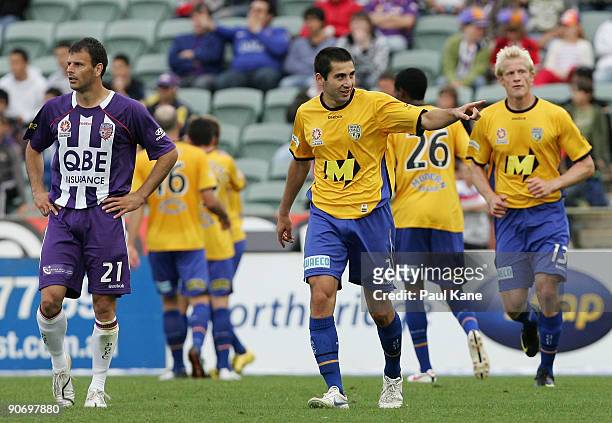 Steve Pantelidis of Gold Coast celebrates a goal during the round six A-League match between the Perth Glory and Gold Coast United at Members Equity...