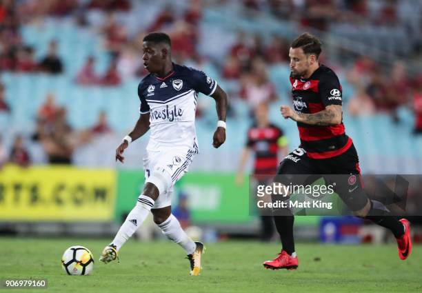 Leroy George of the Victory controls the ball during the round 17 A-League match between the Western Sydney Wanderers and the Melbourne Victory at...