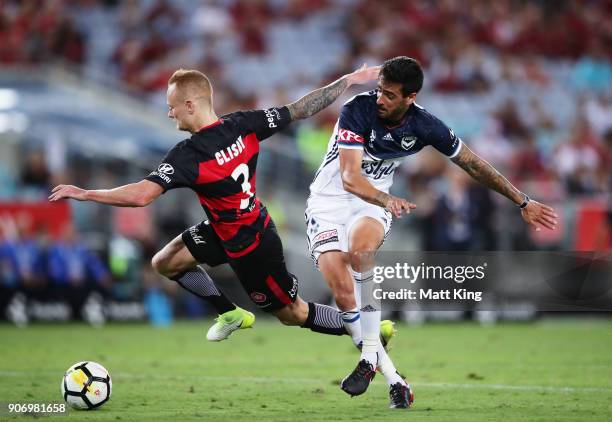 Rhys Williams of the Victory clashes with Jack Clisby of the Wanderers during the round 17 A-League match between the Western Sydney Wanderers and...