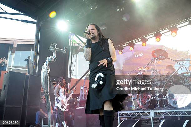 Bassist Reginald Arvizu, singer Jonathan Davis and drummer Ray Luzier of the rock group Korn perform on Day 3 of the 2nd Annual Sunset Strip Music...