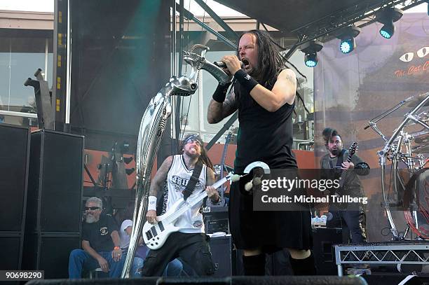 Bassist Reginald Arvizu and singer Jonathan Davis of the rock group Korn perform on Day 3 of the 2nd Annual Sunset Strip Music Festival, held on...