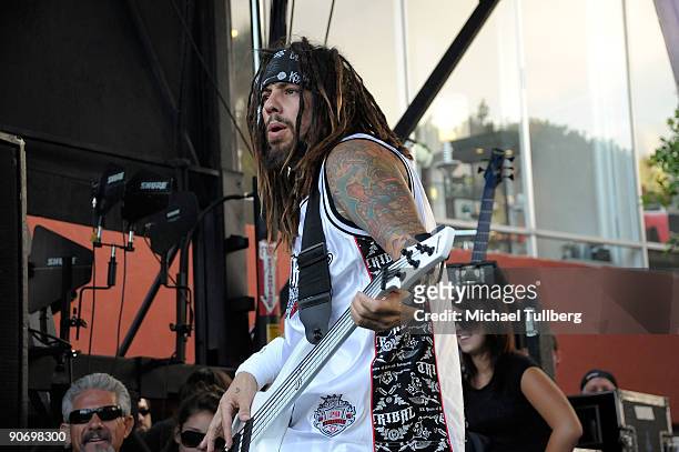 Bassist Reginald Arvizu of the rock group Korn performs on Day 3 of the 2nd Annual Sunset Strip Music Festival, held on Sunset Boulevard on September...