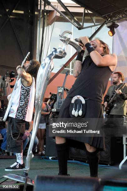 Bassist Reginald Arvizu and singer Jonathan Davis of the rock group Korn perform on Day 3 of the 2nd Annual Sunset Strip Music Festival, held on...
