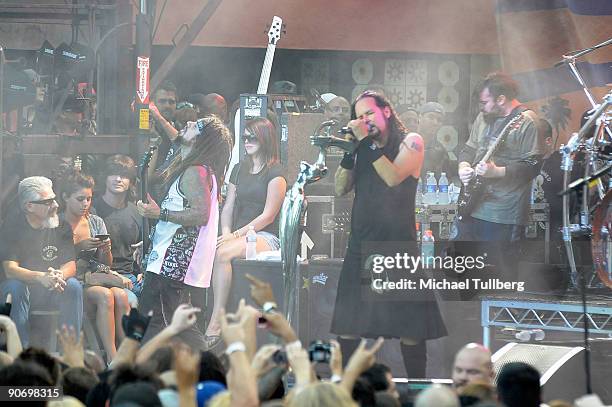 Bassist Reginald Arvizu and singer Jonathan Davis of the rock group Korn perform on Day 3 of the 2nd Annual Sunset Strip Music Festival, held on...