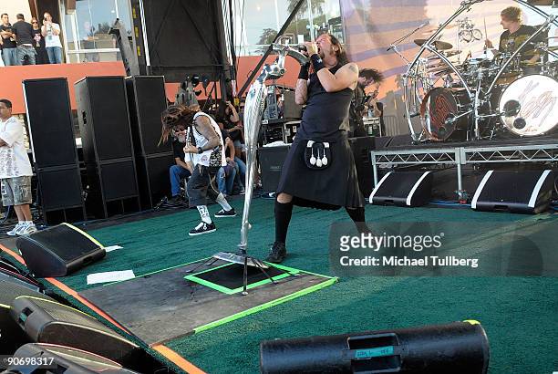 Bassist Reginald Arvizu, singer Jonathan Davis and drummer Ray Luzier of the rock group Korn perform on Day 3 of the 2nd Annual Sunset Strip Music...