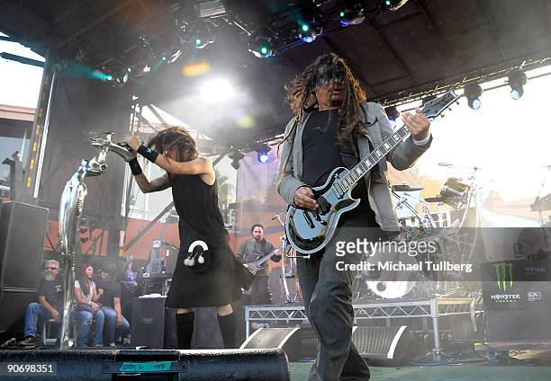 Singer Jonathan Davis and guitarist James Shaffer of the rock group Korn perform on Day 3 of the 2nd Annual Sunset Strip Music Festival, held on...