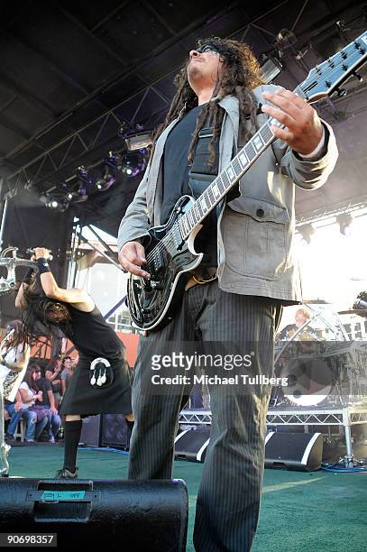 Singer Jonathan Davis, guitarist James Shaffer and drummer Ray Luzier of the rock group Korn perform on Day 3 of the 2nd Annual Sunset Strip Music...