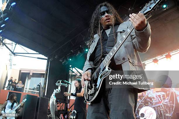 Bassist Reginald Arvizu, singer Jonathan Davis and guitarist James Shaffer of the rock group Korn perform on Day 3 of the 2nd Annual Sunset Strip...