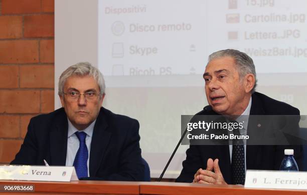 Carlo Verna and Luigi Ferrajolo president of USSI attend the Italian Football Federation and USSI seminar at Giulio Onesti sport center on January...