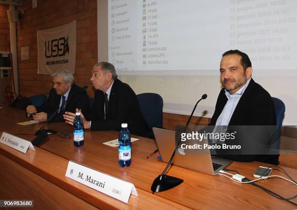 Carlo Verna, Luigi Ferrajolo president of USSI and Matteo Marani director of Sky 24 attend the Italian Football Federation and USSI seminar at Giulio...
