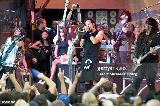Bassist Reginald Arvizu , singer Jonathan Davis and guitarist James Shaffer of the rock group Korn perform on Day 3 of the 2nd Annual Sunset Strip...