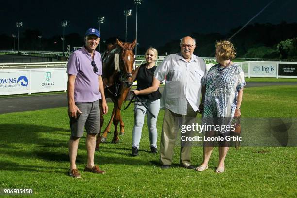 Connections pose with Big Pat's Pontiac after winning the NZB Karaka2018 BM64 Handicap at Cranbourne Racecourse on January 19, 2018 in Cranbourne,...