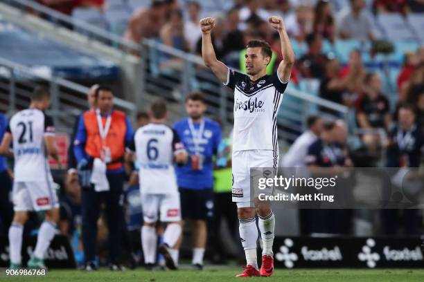Kosta Barbarouses of the Victory celebrates scoring his second goal during the round 17 A-League match between the Western Sydney Wanderers and the...