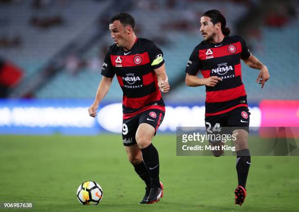 Mark Bridge of the Wanderers controls the ball during the round 17 A-League match between the Western Sydney Wanderers and the Melbourne Victory at...