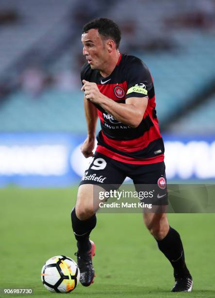 Mark Bridge of the Wanderers controls the ball during the round 17 A-League match between the Western Sydney Wanderers and the Melbourne Victory at...