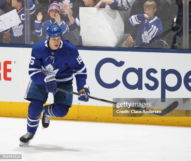 Matt Martin of the Toronto Maple Leafs skates during the warm-up prior to playing against the St.Louis Blues in an NHL game at the Air Canada Centre...