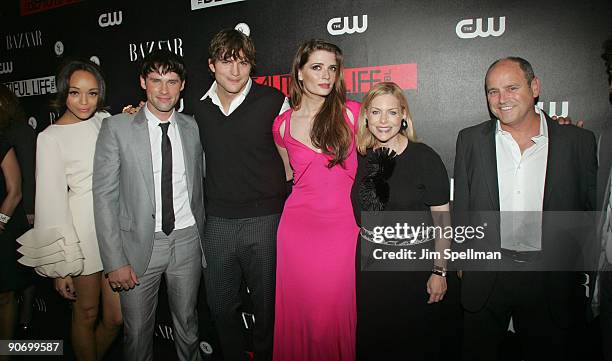 Actors Ashley Madekwe, Ben Hollingsworth, Ashton Kutcher, Mischa Barton, CW President Dawn Ostroff and guest attend the CW Network celebration of its...