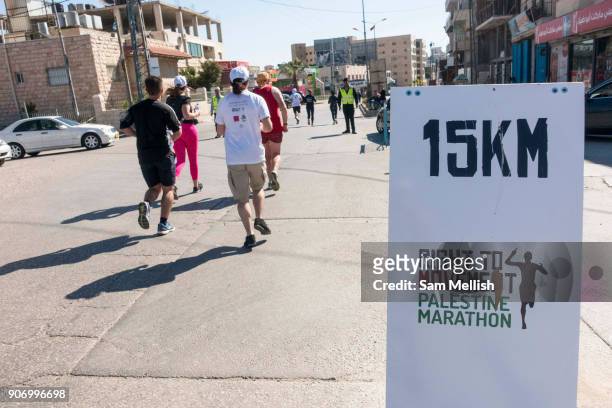 Marker post shows 15kms during the Right to Movement, Palestine Marathon on 1st April 2016 in Bethlehem, West Bank. During the Palestine Marathon,...