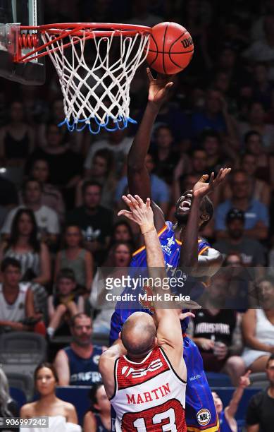 Majok Deng of the Adelaide 36ers makes a basket during the round 15 NBL match between the Adelaide 36ers and the Illawarra Hawks at Titanium Security...