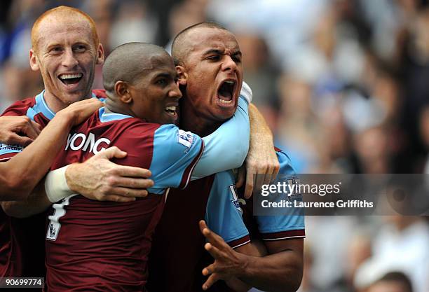 Gabriel Agbonlahor of Aston Villa is mobbed after scoring during the Barclays Premier League match between Birmingham City and Aston Villa at St....