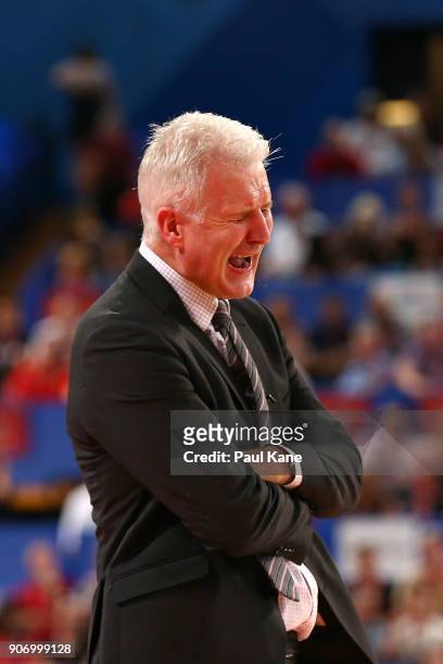 Andrew Gaze, coach of the Kings, reacts after a call during the round 15 NBL match between the Perth Wildcats and the Sydney Kings at Perth Arena on...