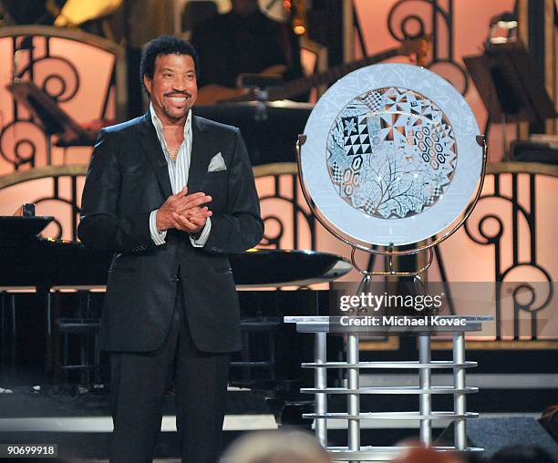 Singer Lionel Richie receives the UNCF Award of Excellence during the 'An Evening of Stars: A Tribute To Lionel Richie' hosted by UNCF at Pasadena...