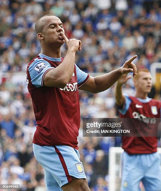 Aston Villa's Gabriel Agbonlahor gestures after scoring his goal against Birmingham City during a Premier League football match at St Andrew's...