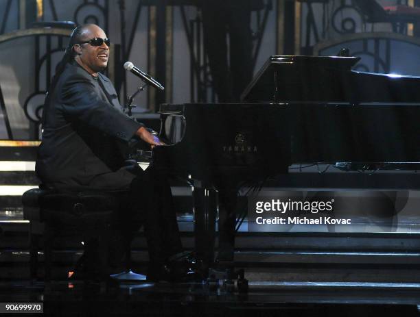 Singer Stevie Wonder performs during 'An Evening of Stars: A Tribute To Lionel Richie' hosted by UNCF at Pasadena Civic Auditorium on September 12,...