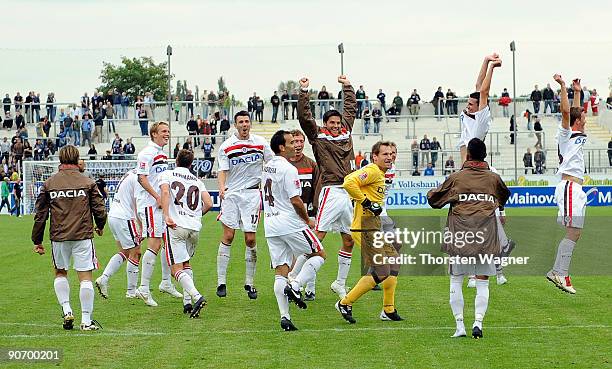 Player of St. Pauli celebrates after winning the 2. Bundesliga match between FSV Frankfurt and FC St. Pauli at the Volksbank stadium on September 13,...